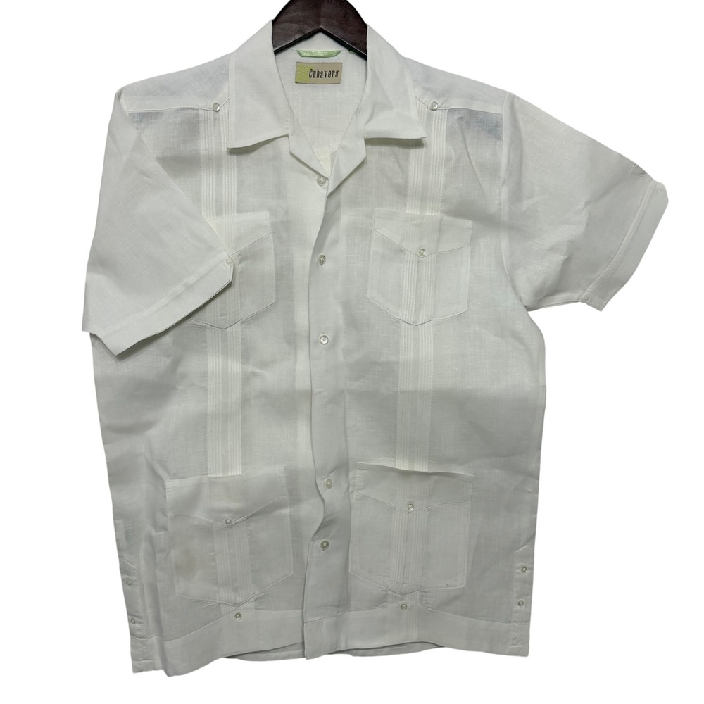 Cubavera Guayabera Shirt Mens S White Good 100% Linen Short Sleeve Pleated